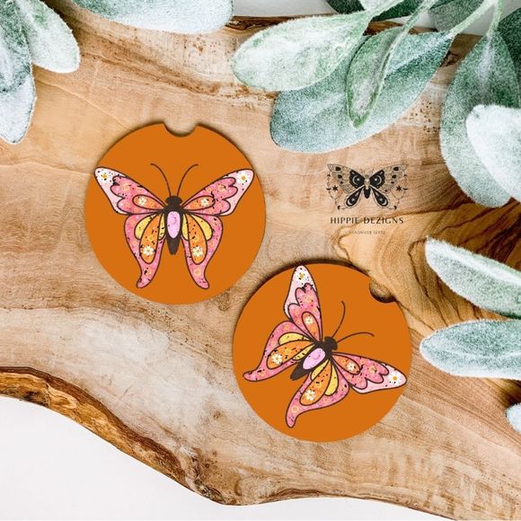 Orange Butterfly Car Coaster Set - Picture 1 of 5